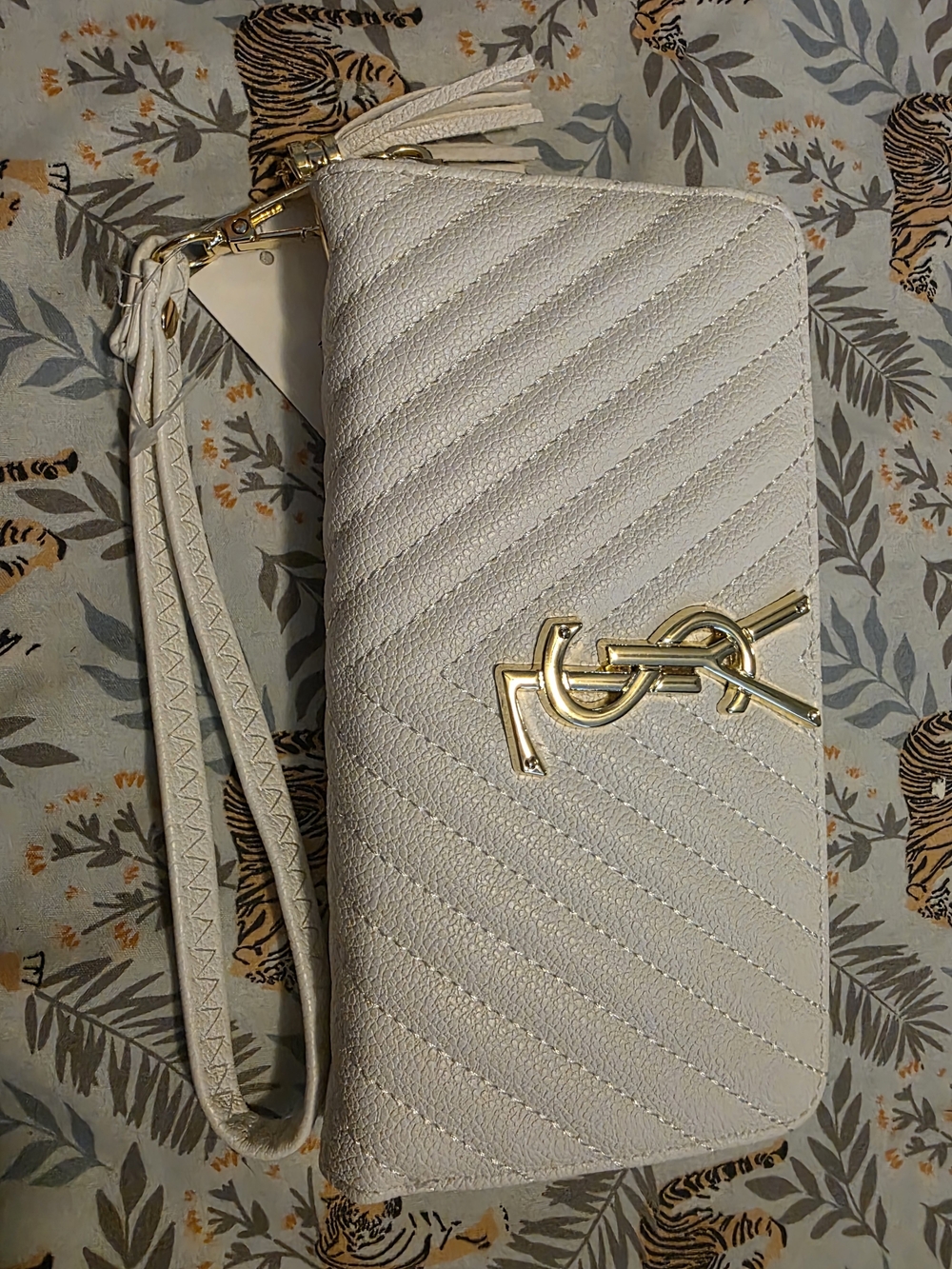 Fashion White Quilted Wristlet with Gold YSL Logo